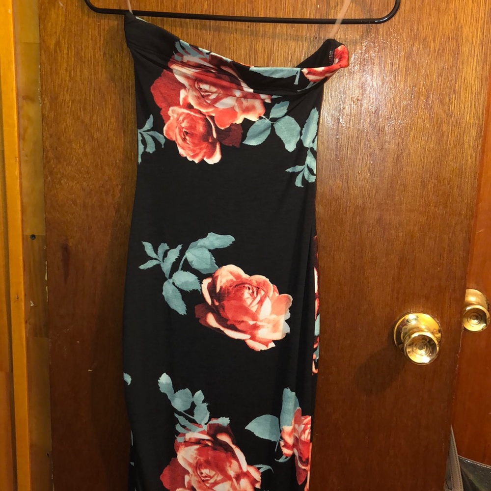 Long Strapless Black And Floral Print Dress